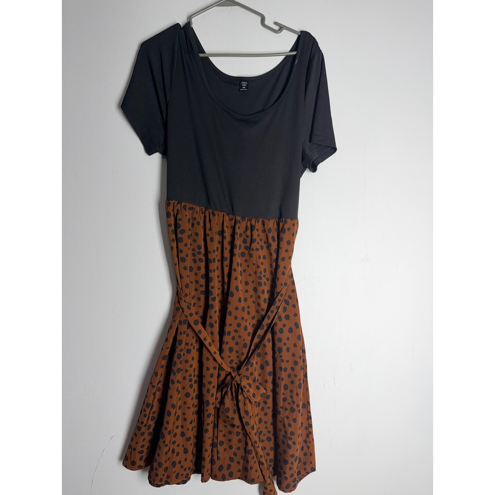 SHEIN Curve Black Ribbed Brown Animal Print Belted Midi Dress 2XL Plus Size